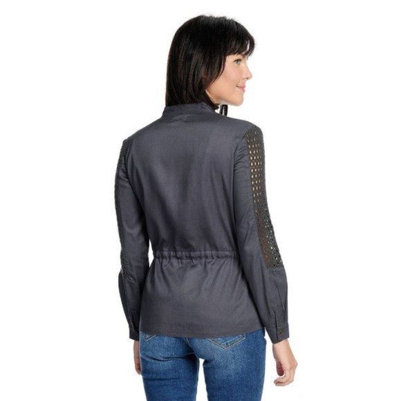 Navy Long Sleeve Zip Up Utility Jacket with Crochet Detail - Picture 3 of 6